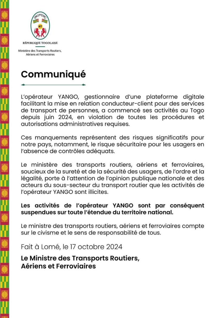 Yango est sommé de suspendre ses activités au Togo pour des manquements évoqués par le ministère togolais des transports